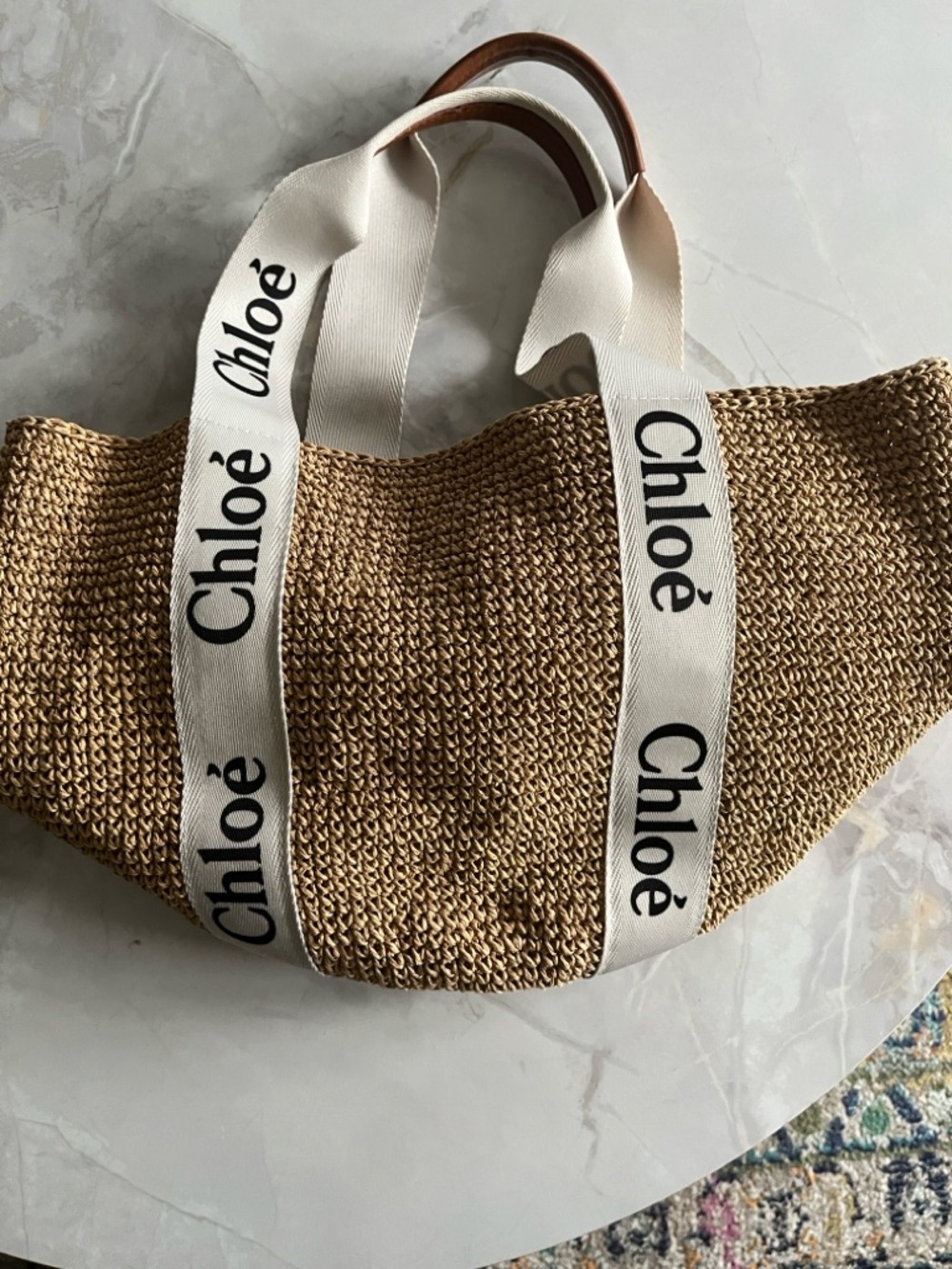 Natural Straw Tote with Logo Ribbon Handles
